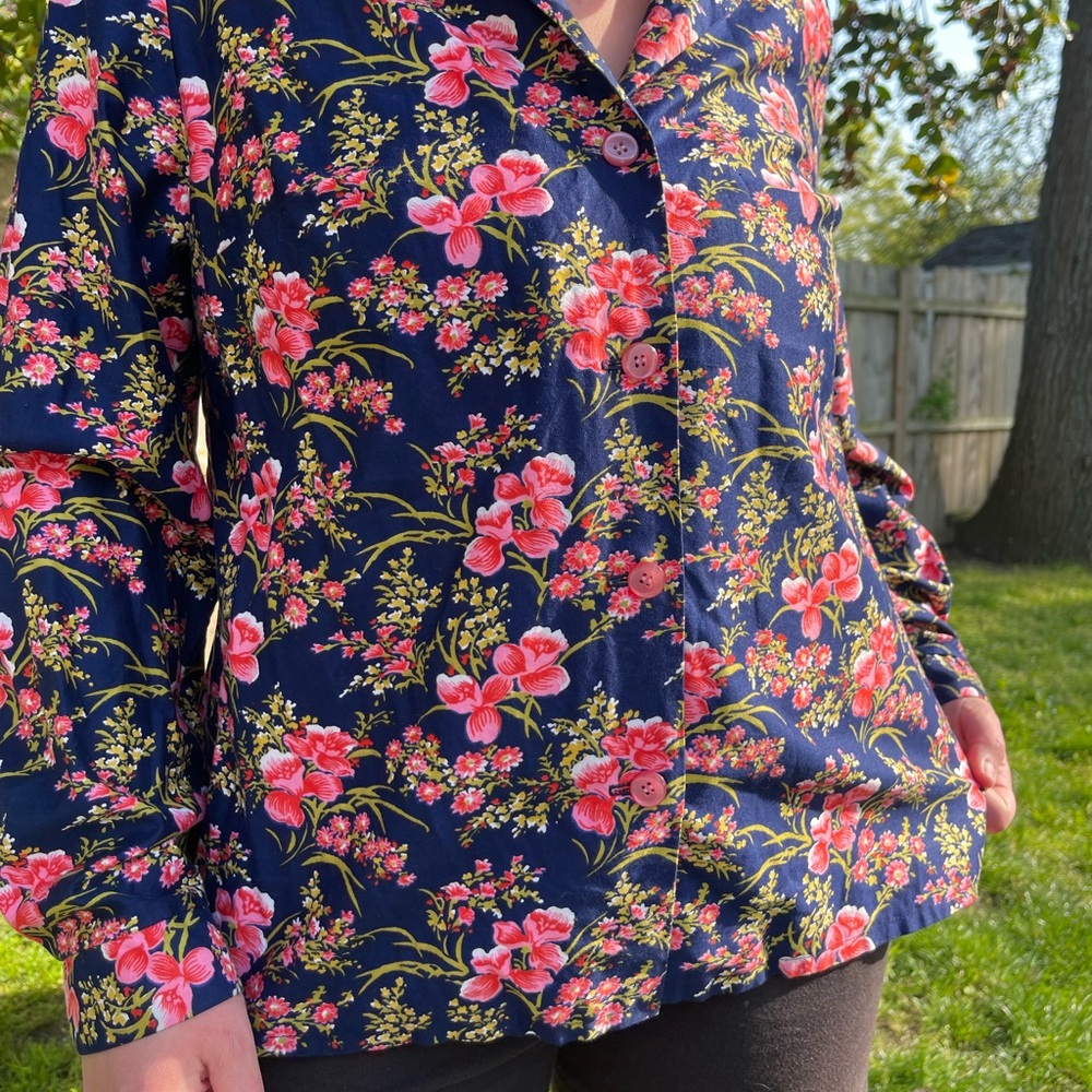 Blue with hot pink floral print long sleeve shirt